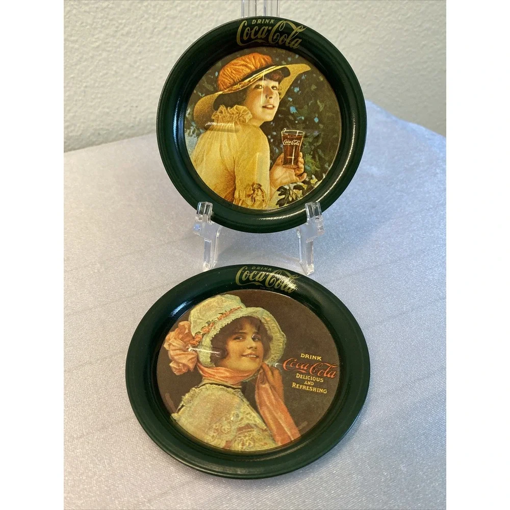 COCA COLA Set 6 Metal Tin Coasters Victorian Calendar Ladies Green 1983 Coke